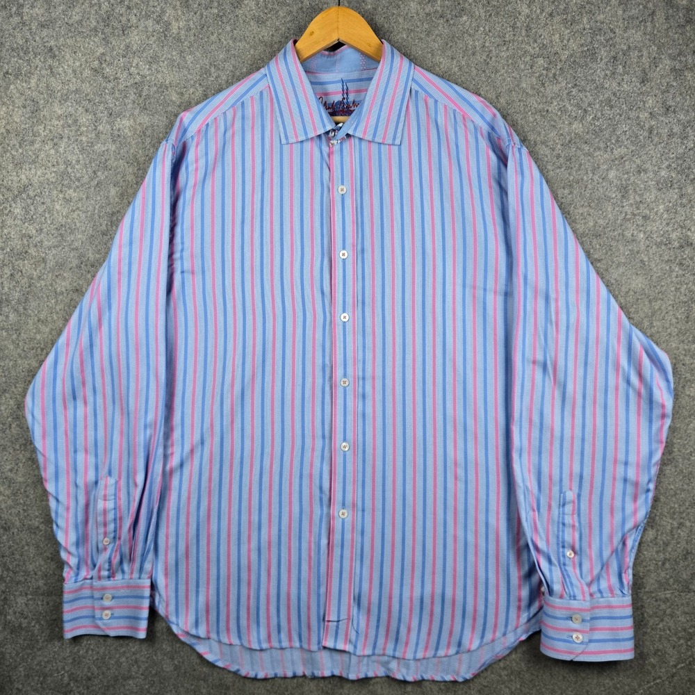 Robert Graham Button Down Shirt Mens 2XL Blue Pink Striped Long Sleeve Flip Cuff